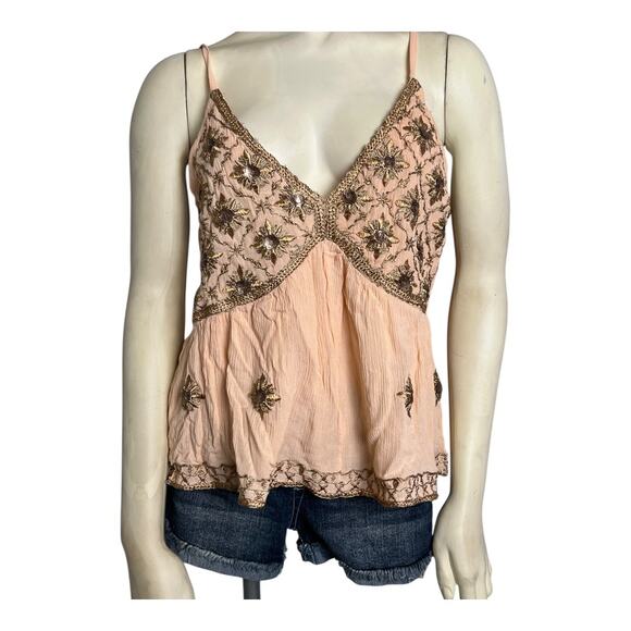 Boho Embroidered Camisole Women's Size M Peach Adjustable Straps Floral tank - Picture 1 of 6